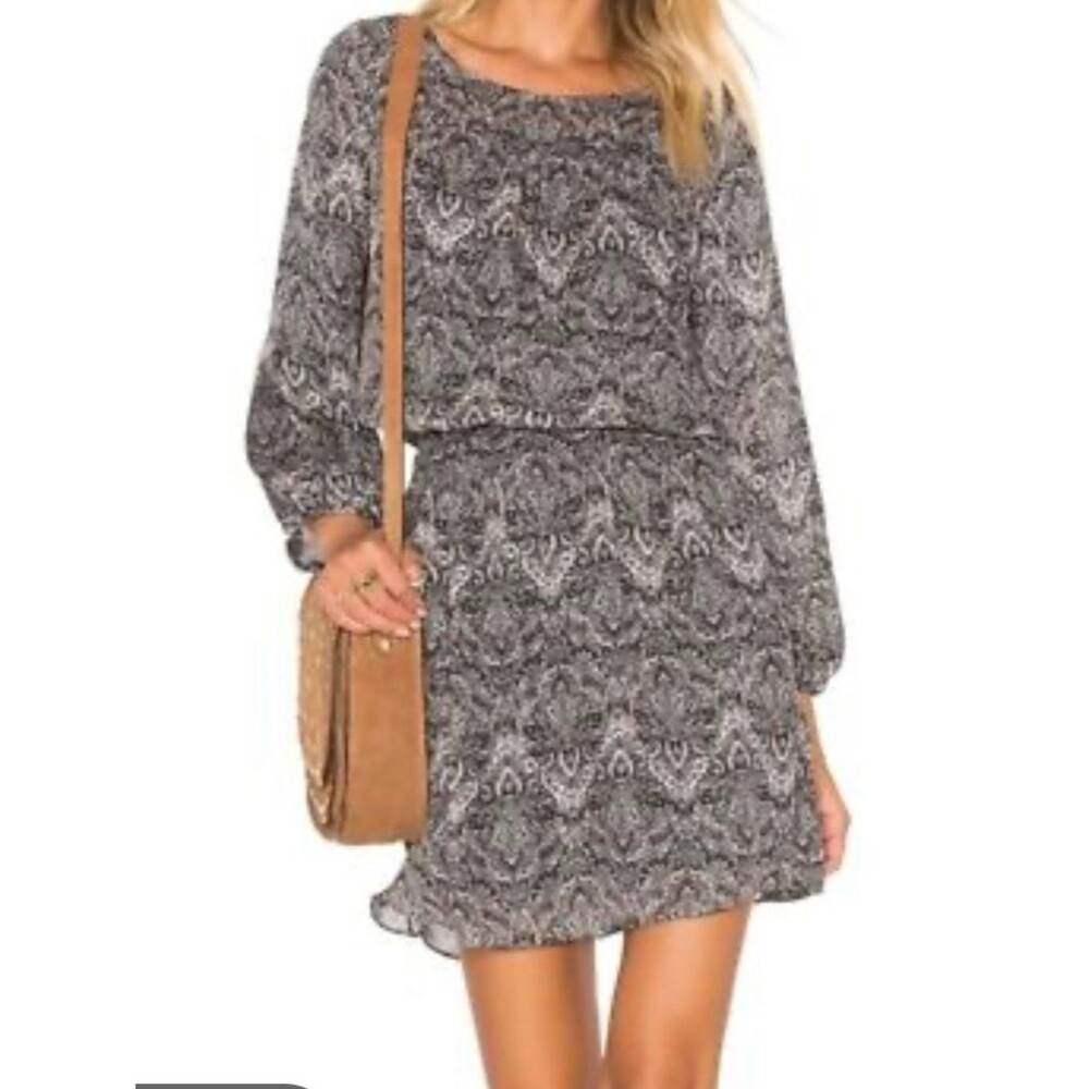 Joie Silk Paisley Print Drop Waist Long Sleeve Mini Dress Black White S